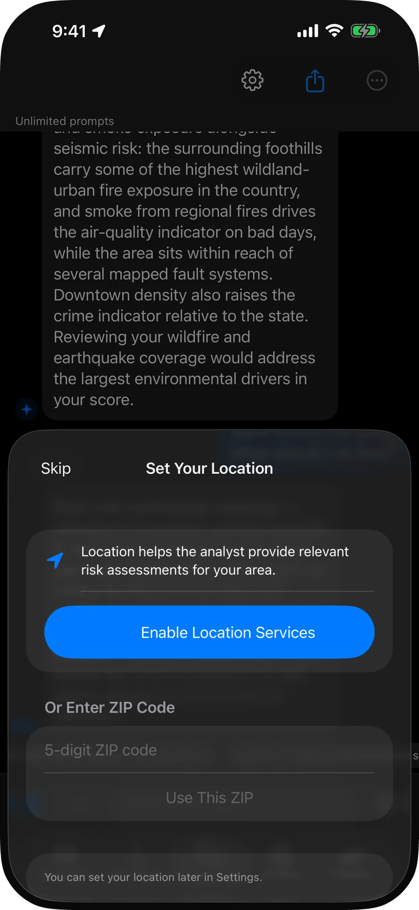 Analyst chat screen: a question about local risk answered in plain language by the on-device assistant, with a note that processing stays on the phone