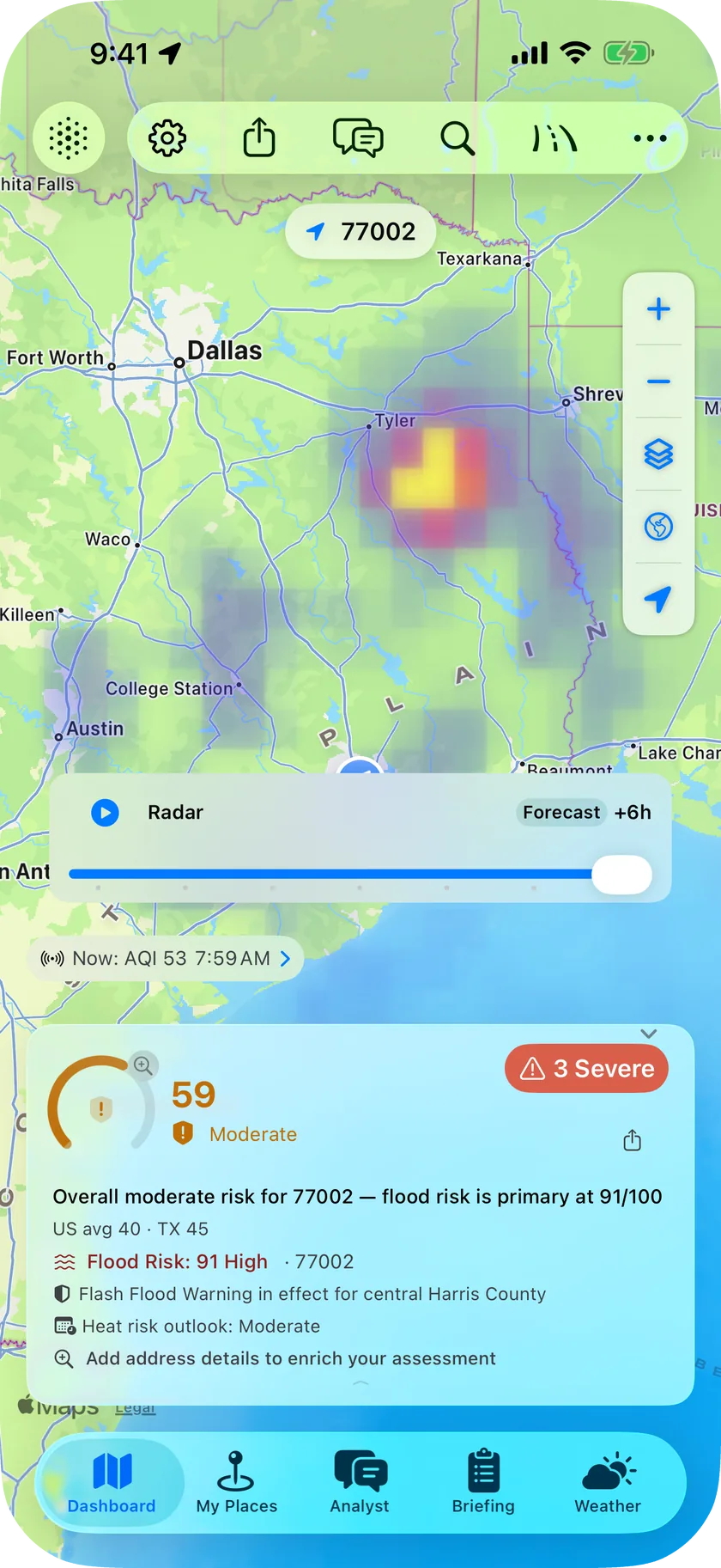 Dashboard map with the live precipitation radar layer over Houston and the timeline card scrubbed into the forecast hours