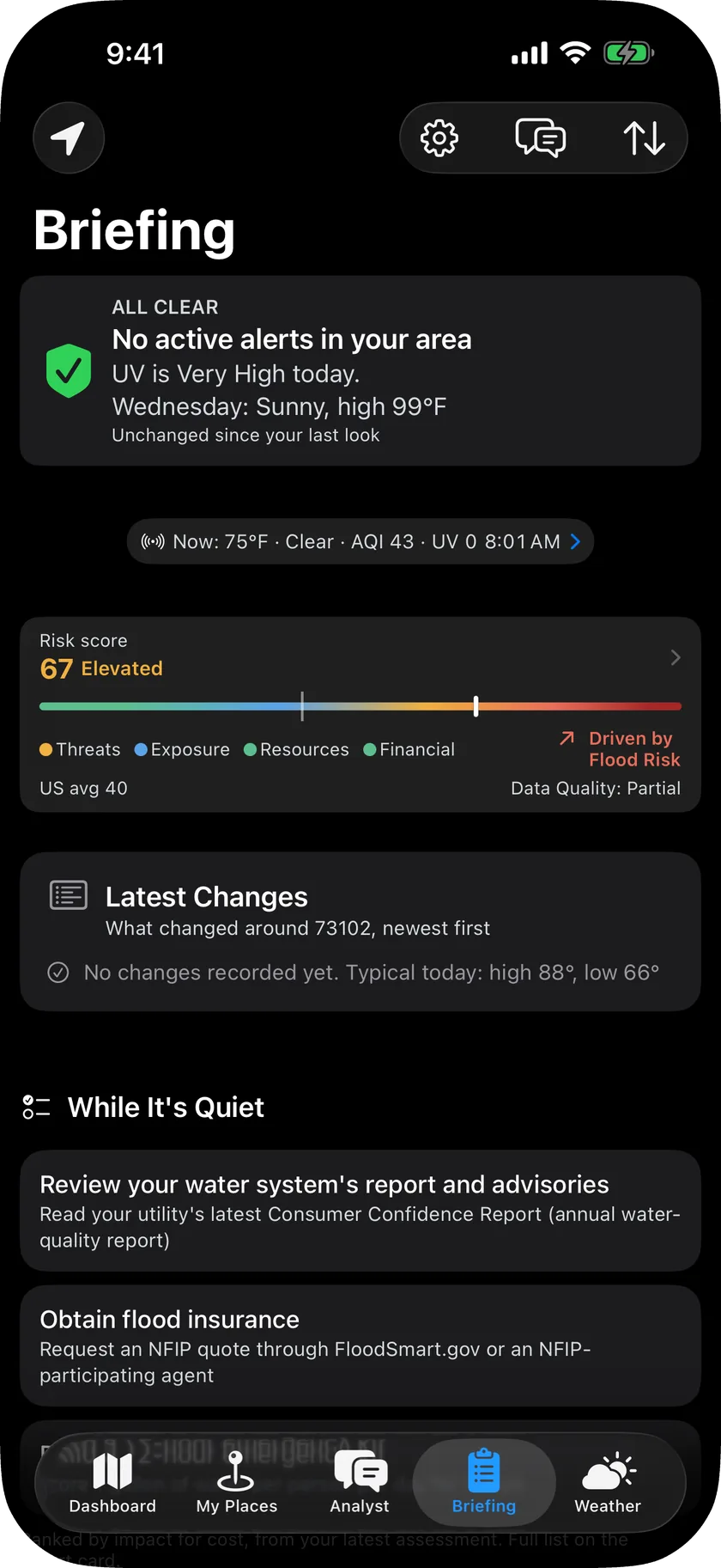 Briefing tab with the situation banner, today's outlook card, live environmental conditions and the comparative context section