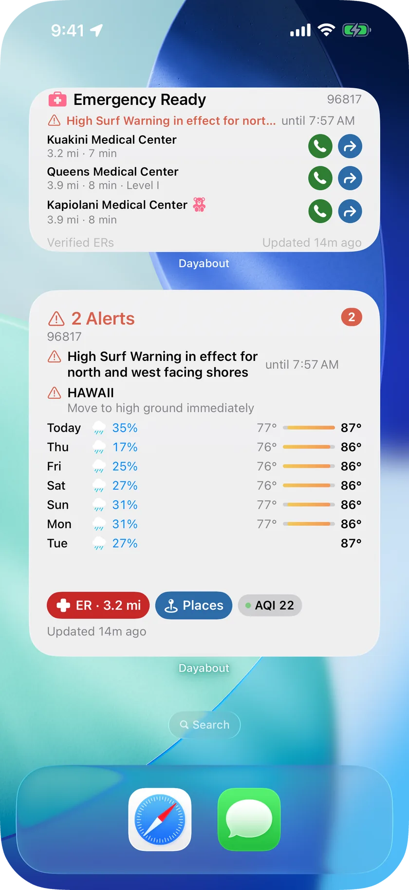 iPhone home screen with the large Dayabout Daily Outlook widget above the medium Emergency widget: today's verdict and forecast, then the nearest verified emergency departments with call and route buttons
