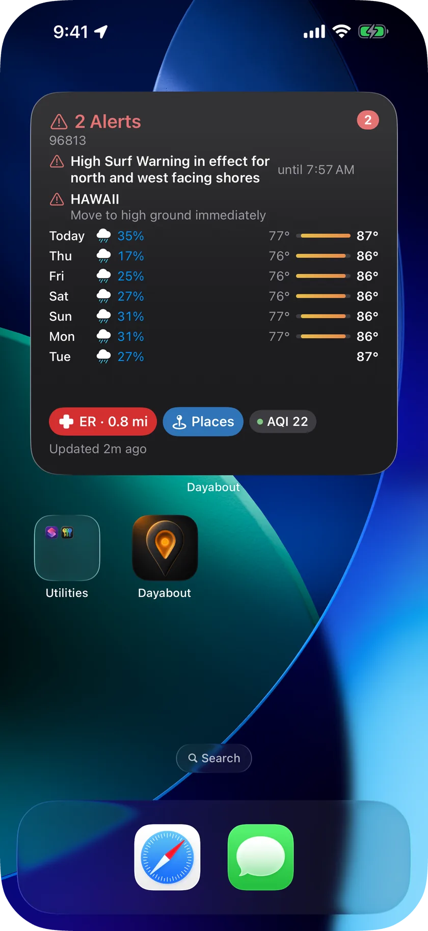 iPhone home screen with the large Dayabout Daily Outlook widget: the day's verdict, the hourly forecast, the alert count, the daily board and the My Places rows
