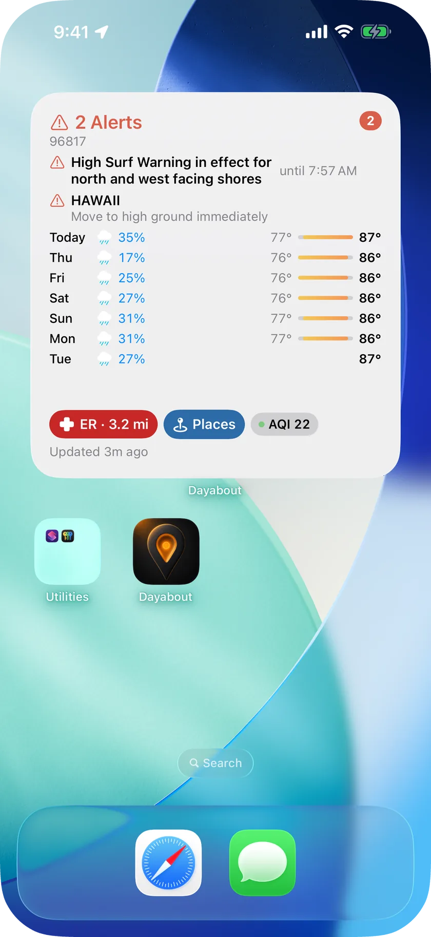 iPhone home screen with the large Dayabout Daily Outlook widget: the day's verdict, the hourly forecast, the alert count, the daily board and the My Places rows